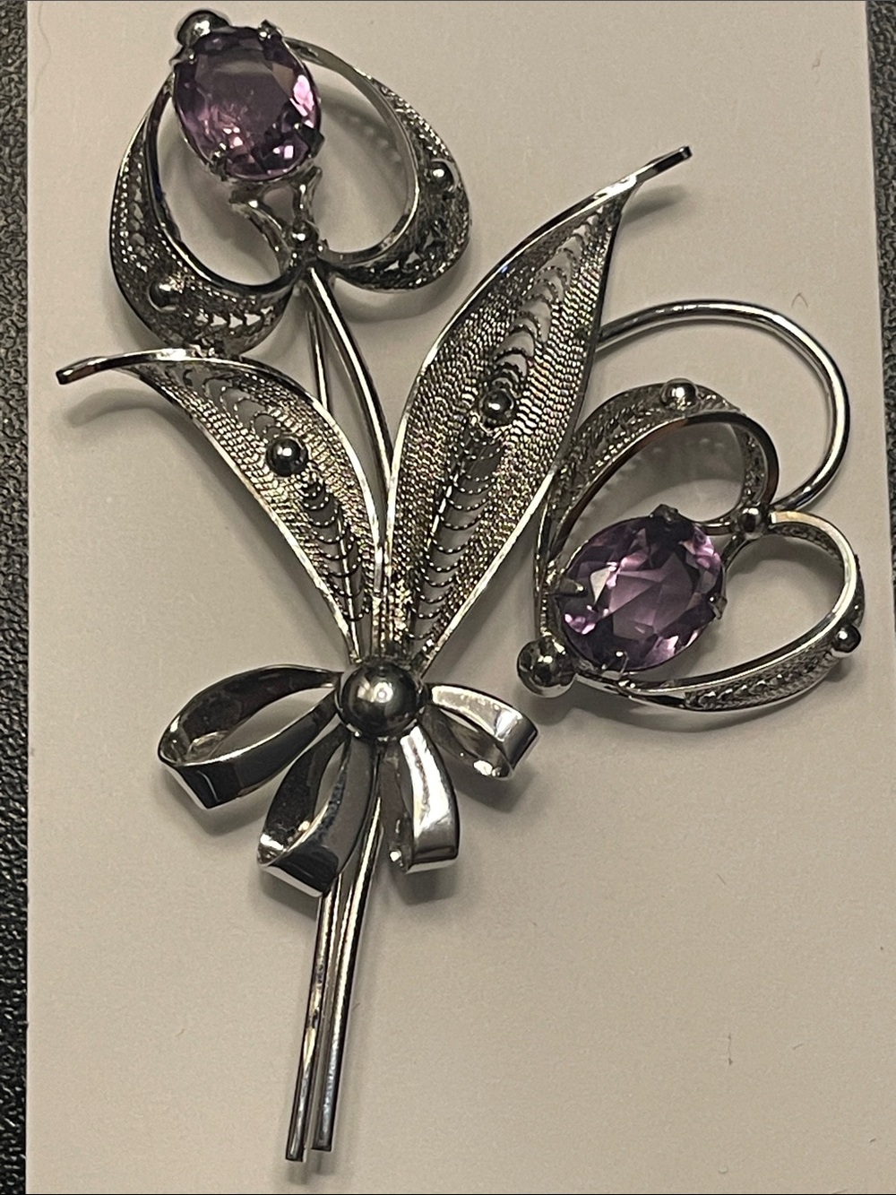 Large vintage Sorrento Sterling Filigree Double Heart Flowers & Amethyst Brooch